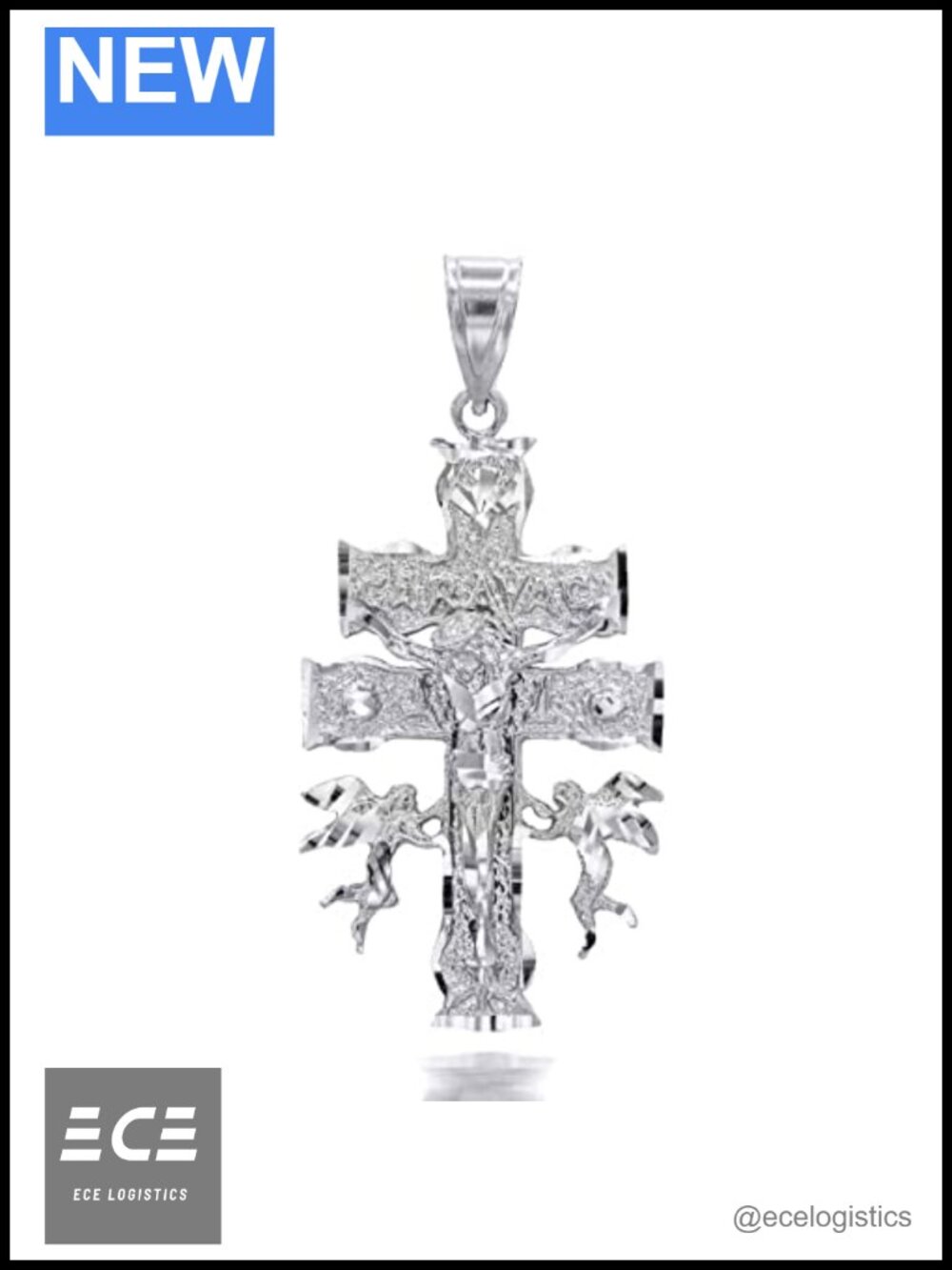 Sterling Silver Caravaca Double Cross Cherub Angels Crucifix Pendant 1.25mm